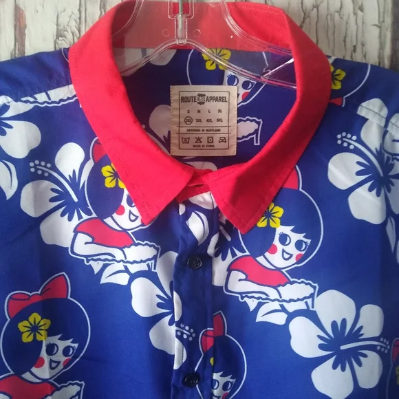 UTZ Original Chips Mascot Hawaiian Floral Button Down Shirt Blue & Red Mens 2XL - Picture 2 of 4